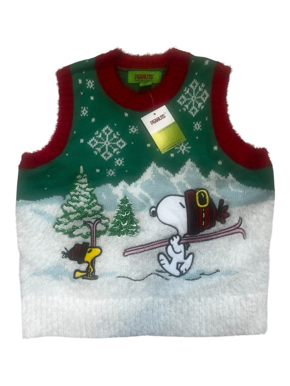 Peanuts Holiday Snoopy & Woodstock Ski Vest Fuzzy Christmas Green Sz S